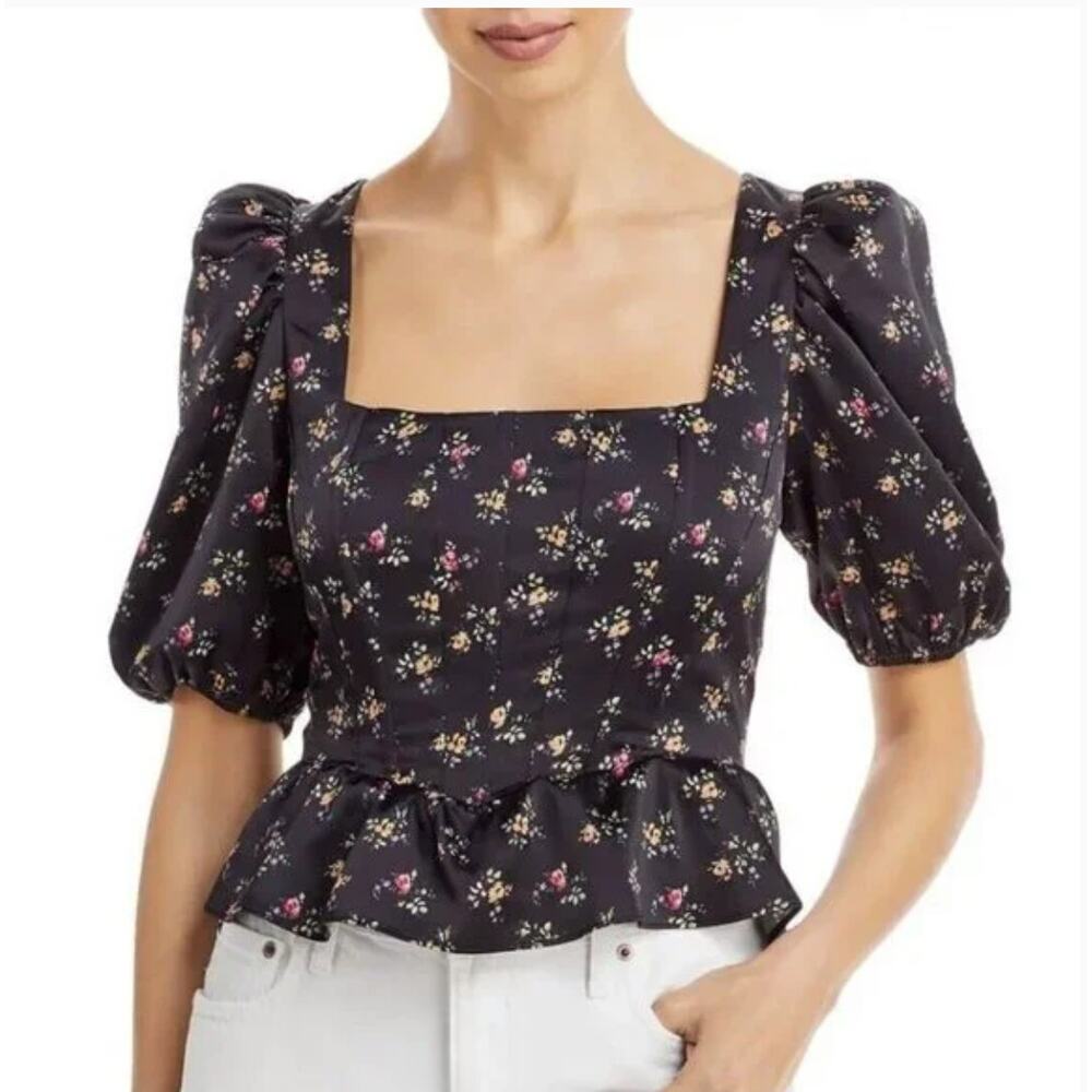 WAYF Juliet Floral Corset Top Sz M Black Satin Smocked Open Back Peplum Pullover